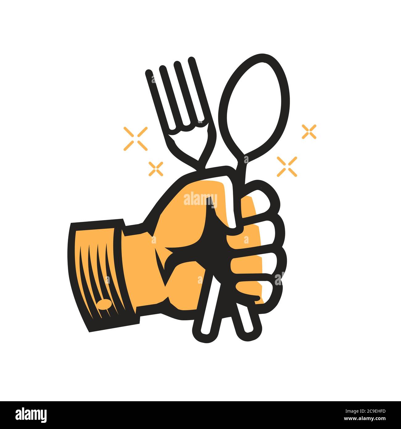 Simbolo della forcella e del cucchiaio in mano. Cucina, cucina, ristorante, concetto di cibo Illustrazione Vettoriale