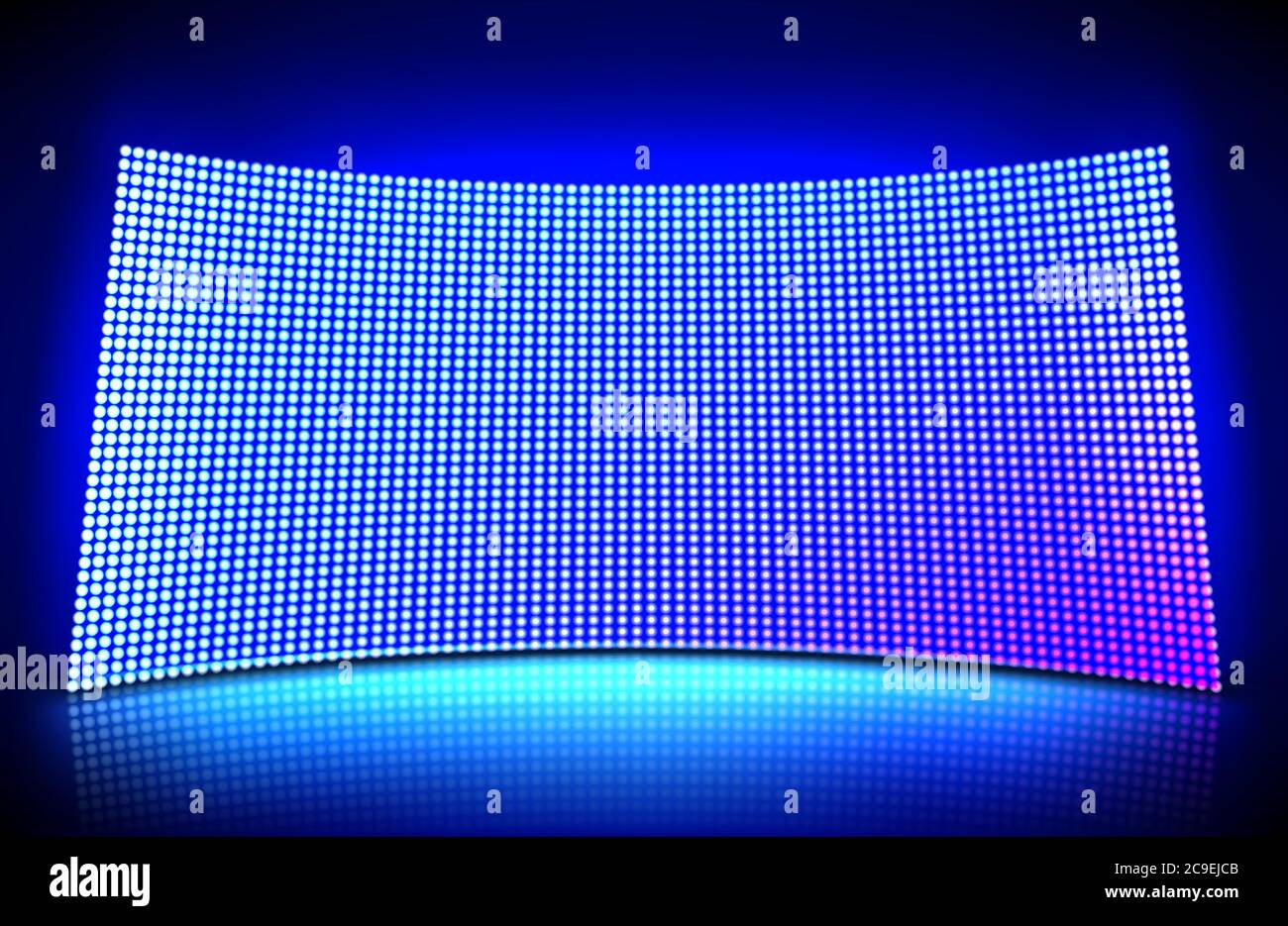 Schermo video da parete a LED concavo con luci a puntini blu e viola brillanti. Illustrazione vettoriale del motivo a griglia per la visualizzazione a LED sullo stadio o sulla scena. Pannello digitale curvo con rete di lampade a diodo Illustrazione Vettoriale