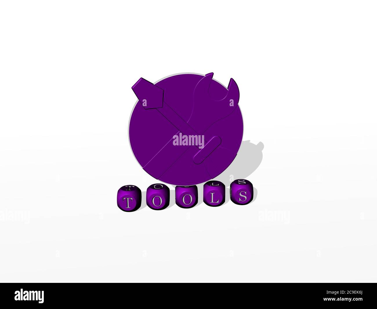 Illustrazione 3D di STRUMENTI grafici e testo fatto da lettere metalliche per i significati relativi del concetto e delle presentazioni. Sfondo e attrezzature Foto Stock