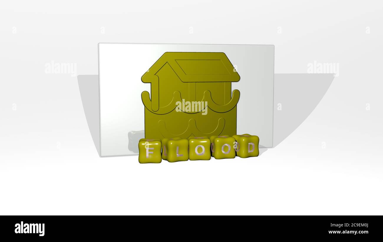 Rappresentazione in 3D dell'INONDAZIONE con icona sulla parete e testo disposto da lettere cubiche metalliche su un pavimento a specchio per il significato concettuale e presentazione slideshow. Acqua e fiume Foto Stock