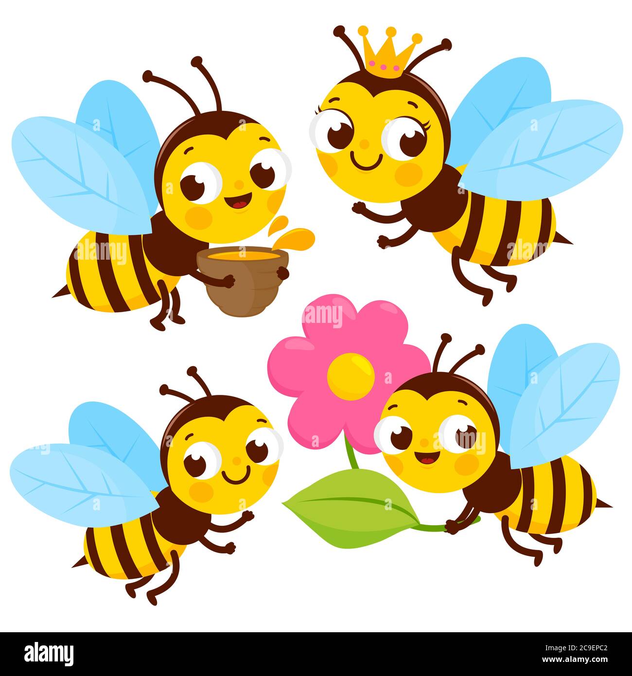 Carino collezione di api su sfondo bianco. Foto Stock