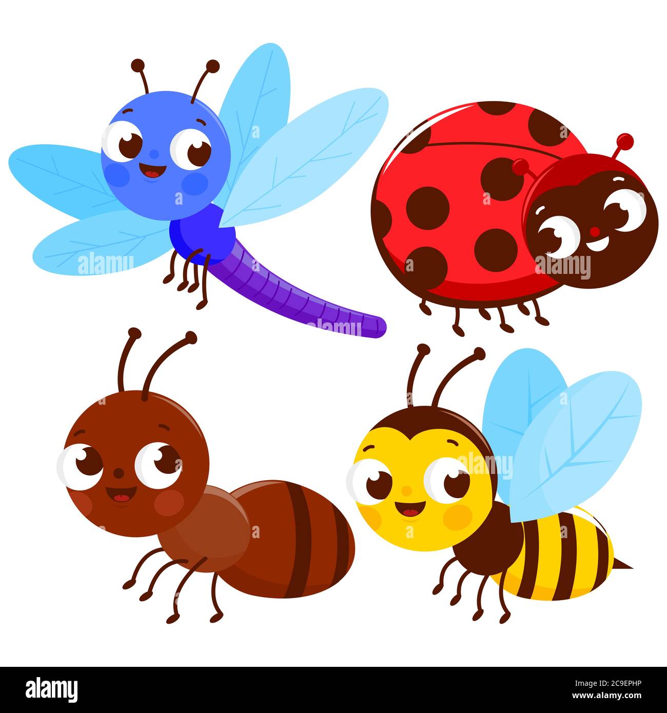 Insieme di simpatici bug colorati. Una libellula, un ladybug, una formica e un'ape. Foto Stock