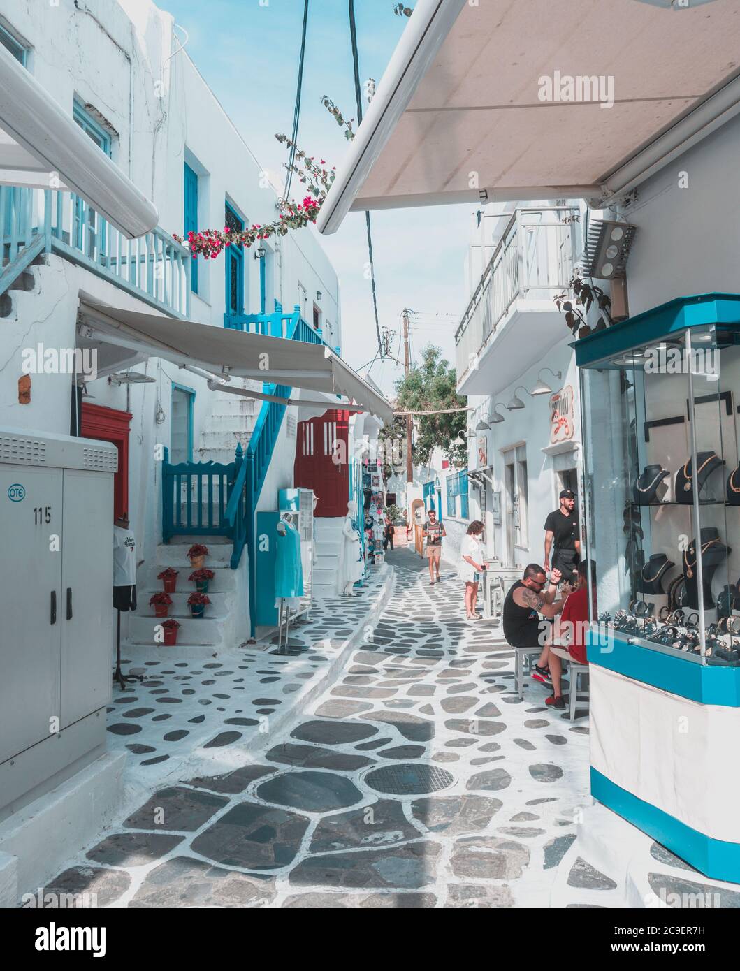 Case colorate e commercio di colori blu e bianco con fiori nella città vecchia di Mykonos Island, Grecia. Foto Stock