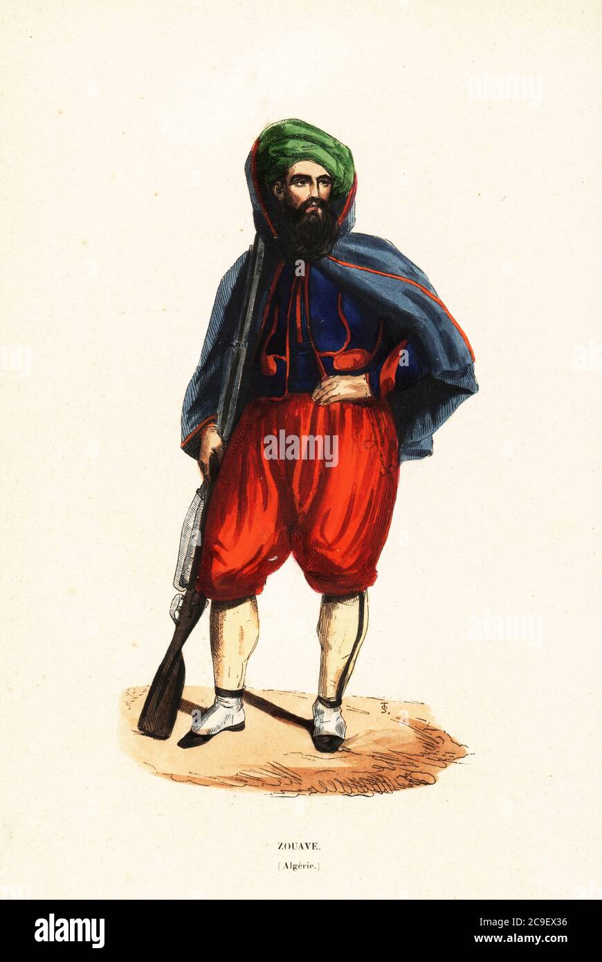 Zouave, o Berber Zwawa soldato, di Algeria con musket. La divisa comprendeva turbante, culotte rosse, ghette in pelle, giacca blu e soprabito con cappuccio. Zouave, Algeria. Legno colorato a mano dai Moeurs di Auguste Wahlen, Usages et Costumes de tous les Peuples du Monde, (maniere, costumi e costumi di tutto il popolo del mondo) Librairie Historique-Artistique, Bruxelles, 1845. Wahlen era lo pseudonimo di Jean-Francois-Nicolas Loumyer (1801-1875), scrittore e archivista del dipartimento araldico belga. Foto Stock