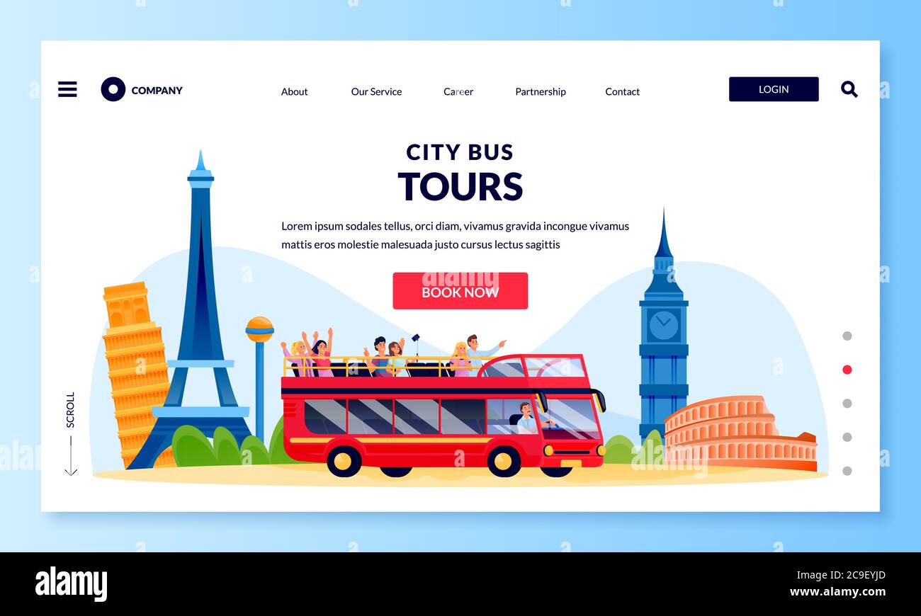 Tour in autobus della città a due piani, modello di poster per banner. Cartoni animati vettoriali di gruppo di turisti in escursione in Europa. Viaggi un Illustrazione Vettoriale