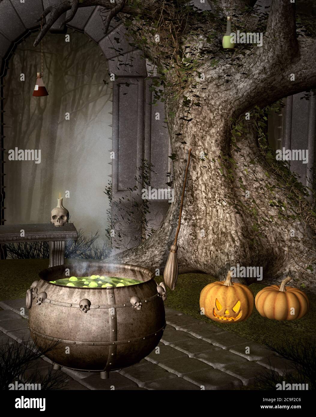 Cauldron di strega da un vecchio albero con con zucche di Halloween Foto Stock