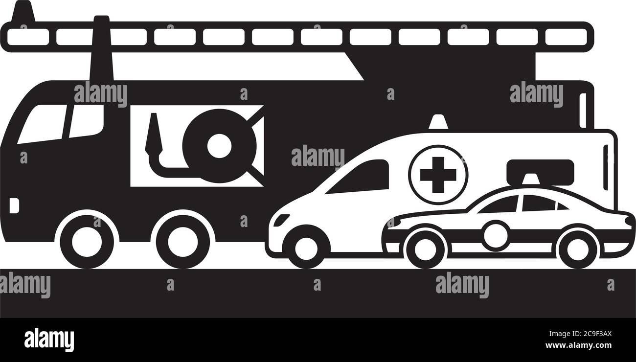 Macchina di polizia, autobus ambulanza e camion dei vigili del fuoco – illustrazione vettoriale Illustrazione Vettoriale