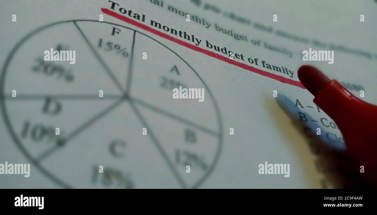 Budget mensile totale per la terminologia familiare presentato sul testo del libro modello evidenziato in background educativo. Foto Stock