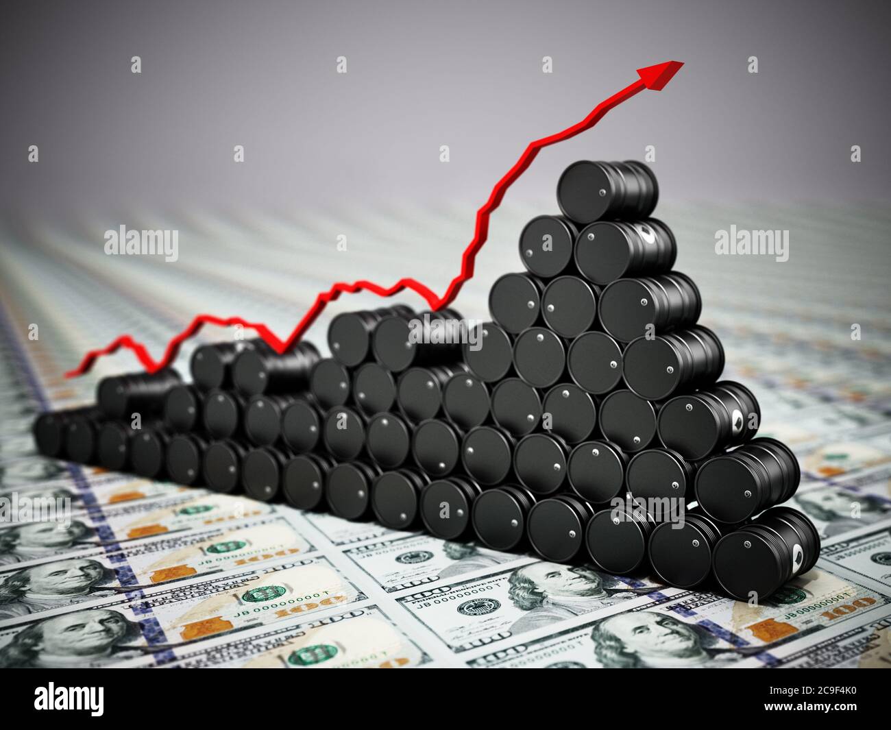 Tamburi di petrolio greggio in piedi sulle fatture del dollaro. Concetto di aumento dei prezzi del petrolio. Illustrazione 3D. Foto Stock