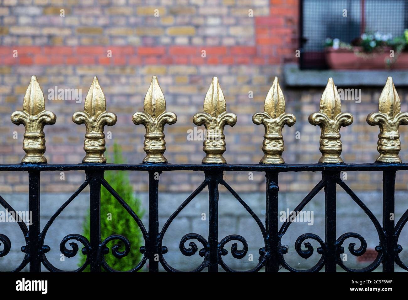 Recinzione classica in metallo nero con punte dorate a forma di fleur de lis come sfondo a Dublino, Irlanda Foto Stock