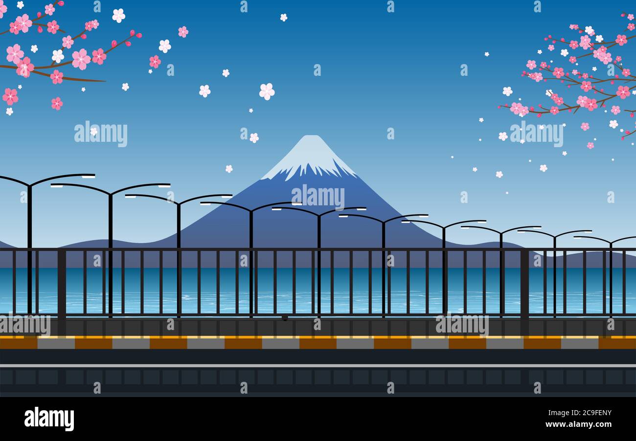 vista della montagna fuji sulla strada Illustrazione Vettoriale