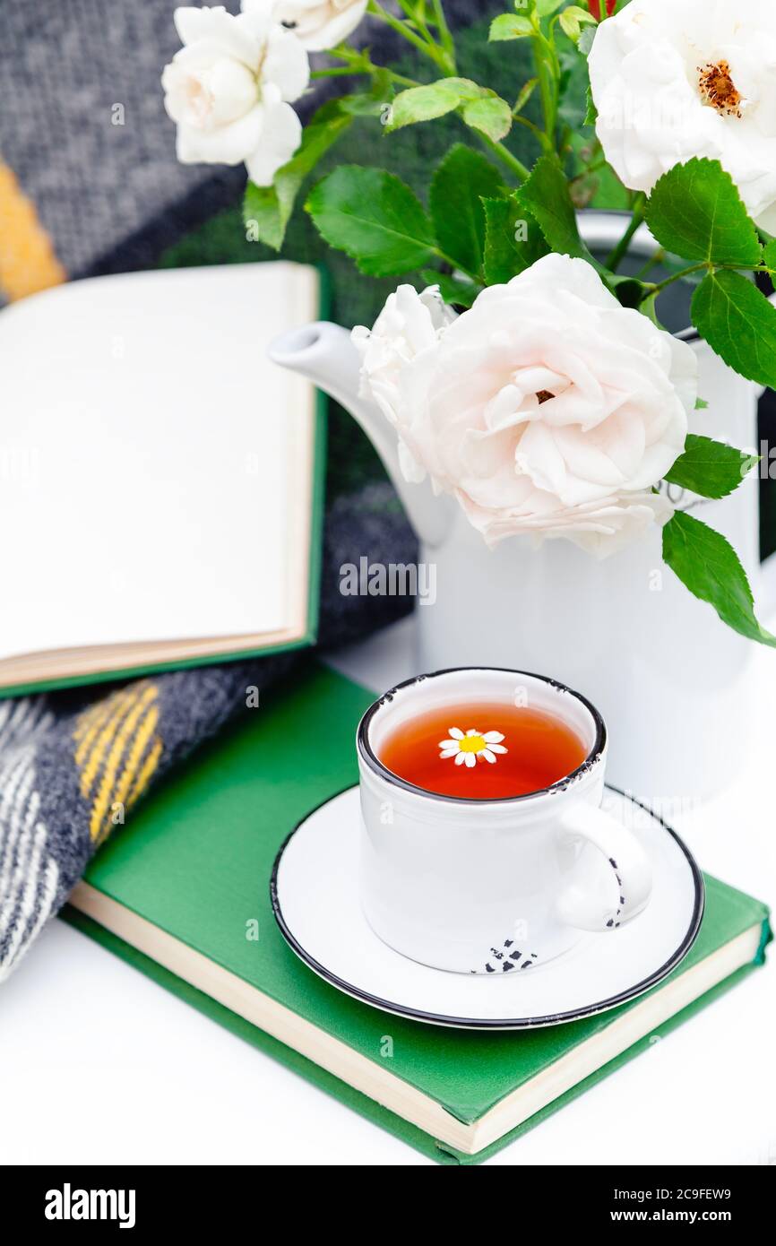 Tazza di tè alle erbe con camomilla su tavola bianca all'esterno in giardino, fiori rosa bianca selvatica, libro aperto in vaso al caffè provence. Tempo libero romantico Foto Stock