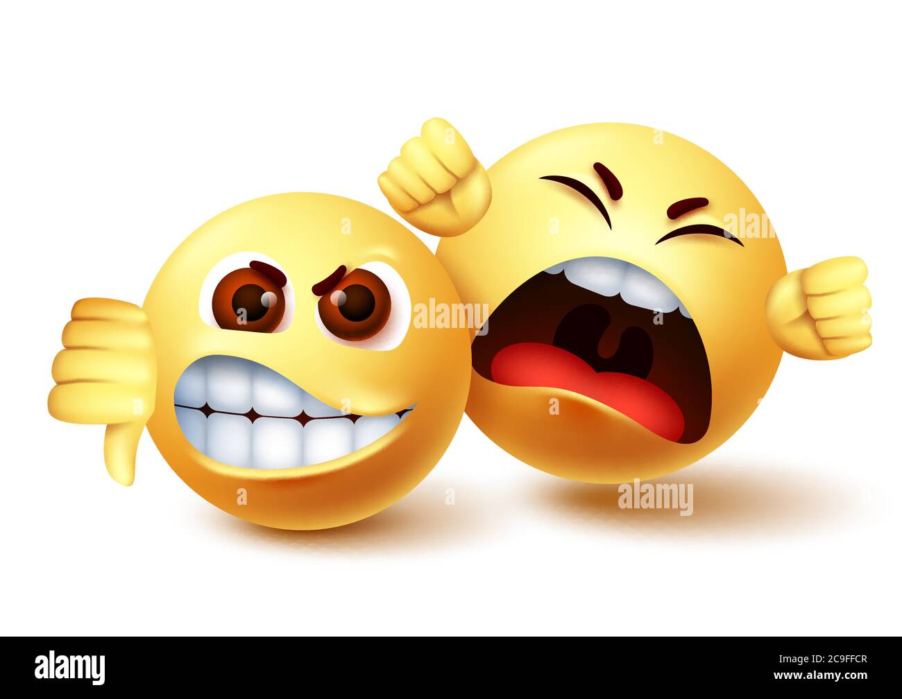 Smiley emoji arrabbiato caratteri vettoriale design. Emoji sorrida di pazzo e gridando dissenso con i pollici verso il basso gesto della mano. Illustrazione vettoriale. Illustrazione Vettoriale