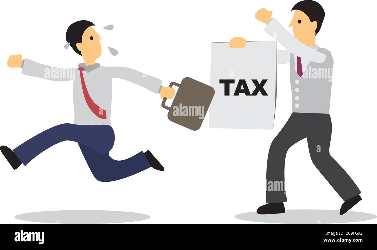 Uomo d'affari che corre via da persona con una carta di pagamento delle tasse. Concetto di business di fuga o debito. Illustrazione vettoriale isolata in piano. Illustrazione Vettoriale