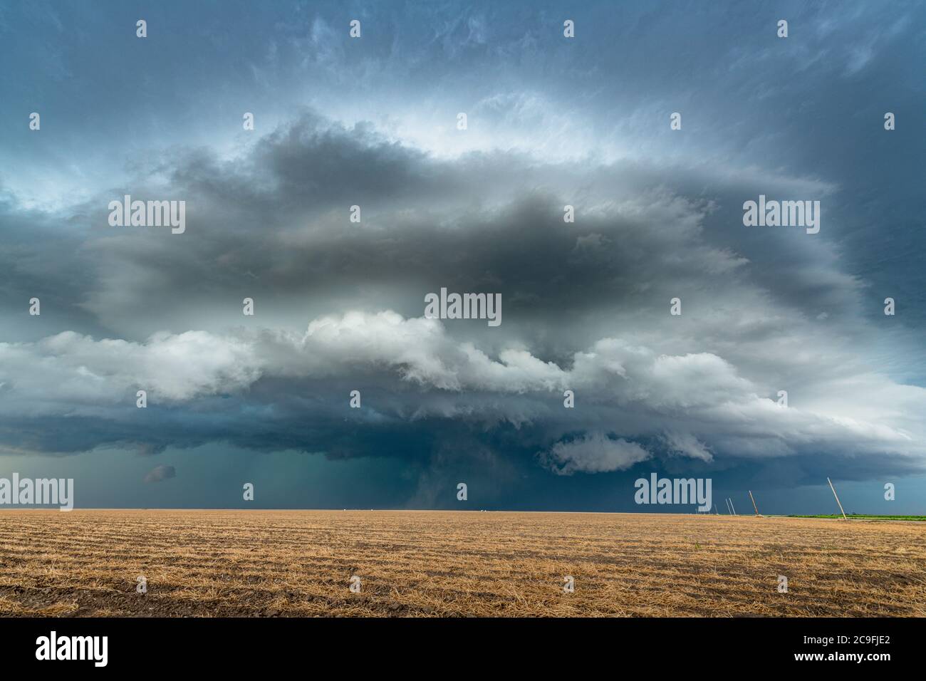 Panorama di una massiccia mesociclone tempo supercella, che è una fase pre-tornado, passa su una parte erbosa delle pianure grandi mentre provano ferocemente Foto Stock Panorama di una massiccia mesociclone tempo supercella, che è una fase pre-tornado, passa su una parte erbosa delle pianure grandi mentre provano ferocemente Foto Stock