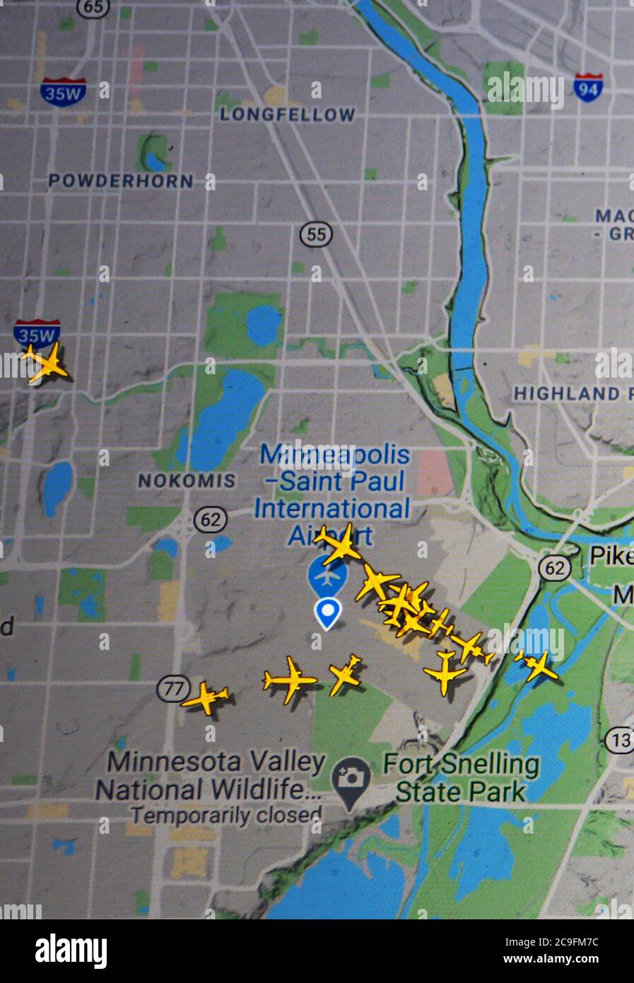 Traffico aereo sull'aeroporto di Minneapolis-Saint Paul (30 luglio 2020, UTC 16.11) su Internet con il sito Flightradar 24, durante il Coronavirus Pandemic Foto Stock