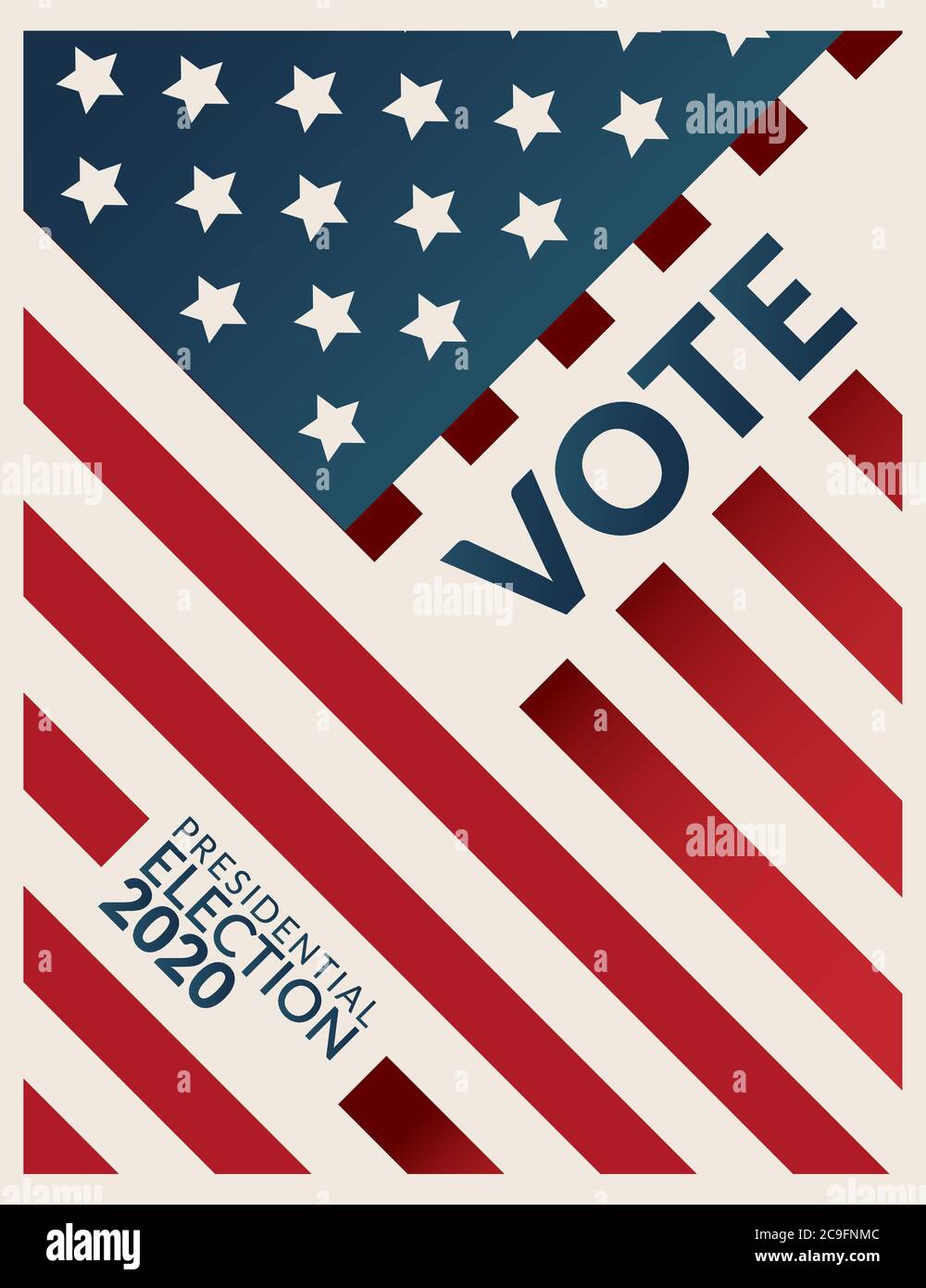 BANDIERA del manifesto DELLA campagna elettorale presidenziale DEGLI STATI UNITI 2020. VOTAZIONE di parola elezione presidenziale 2020 con modello di bandiera americano sullo sfondo. Illustrazione Vettoriale