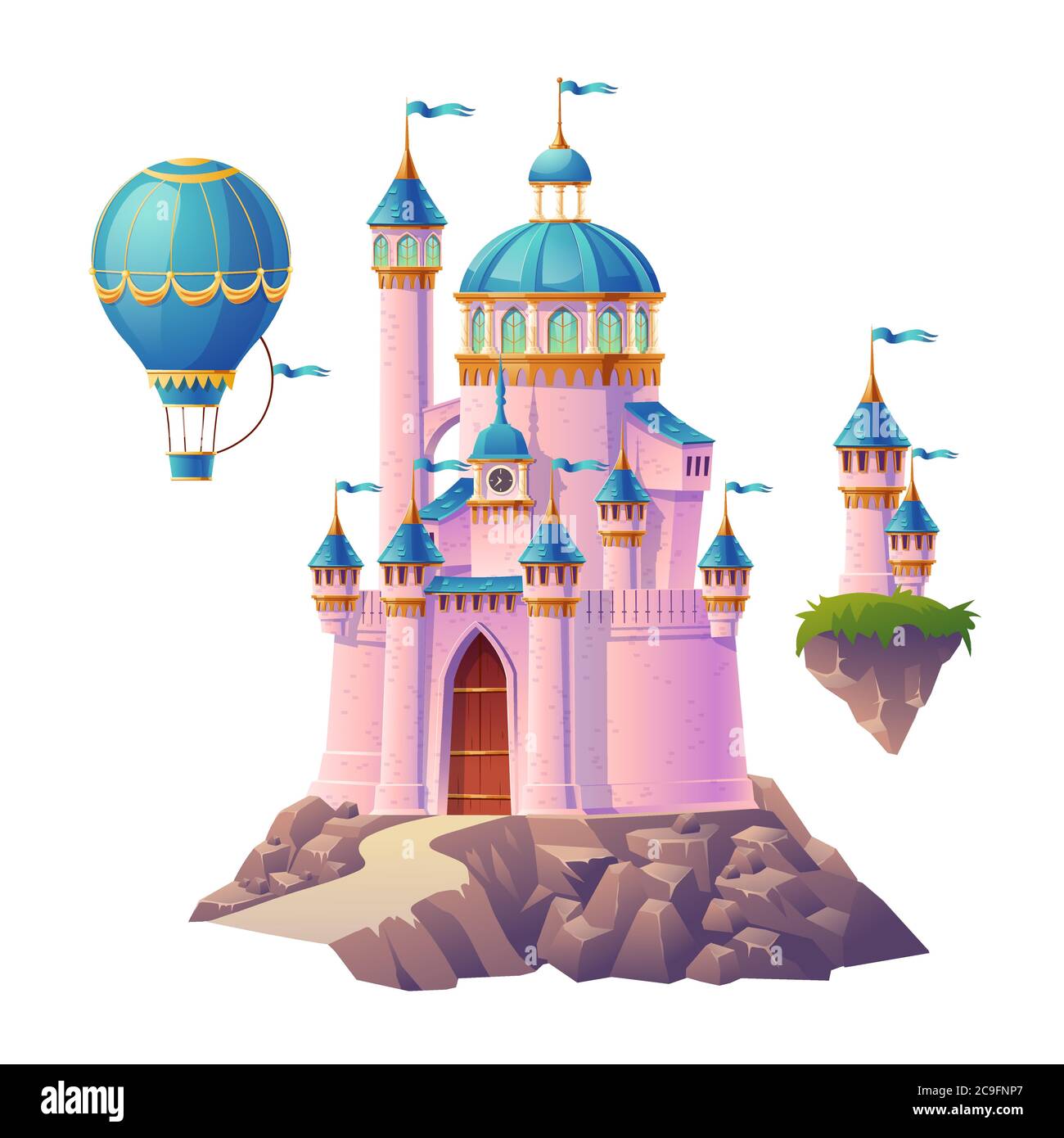 Il castello magico rosa, la principessa o il palazzo delle fate, la  mongolfiera e le torrette volanti con bandiere. Fortezza reale fantasy,  graziosa architettura medievale isolata su sfondo bianco. Illustrazione  vettoriale cartoon