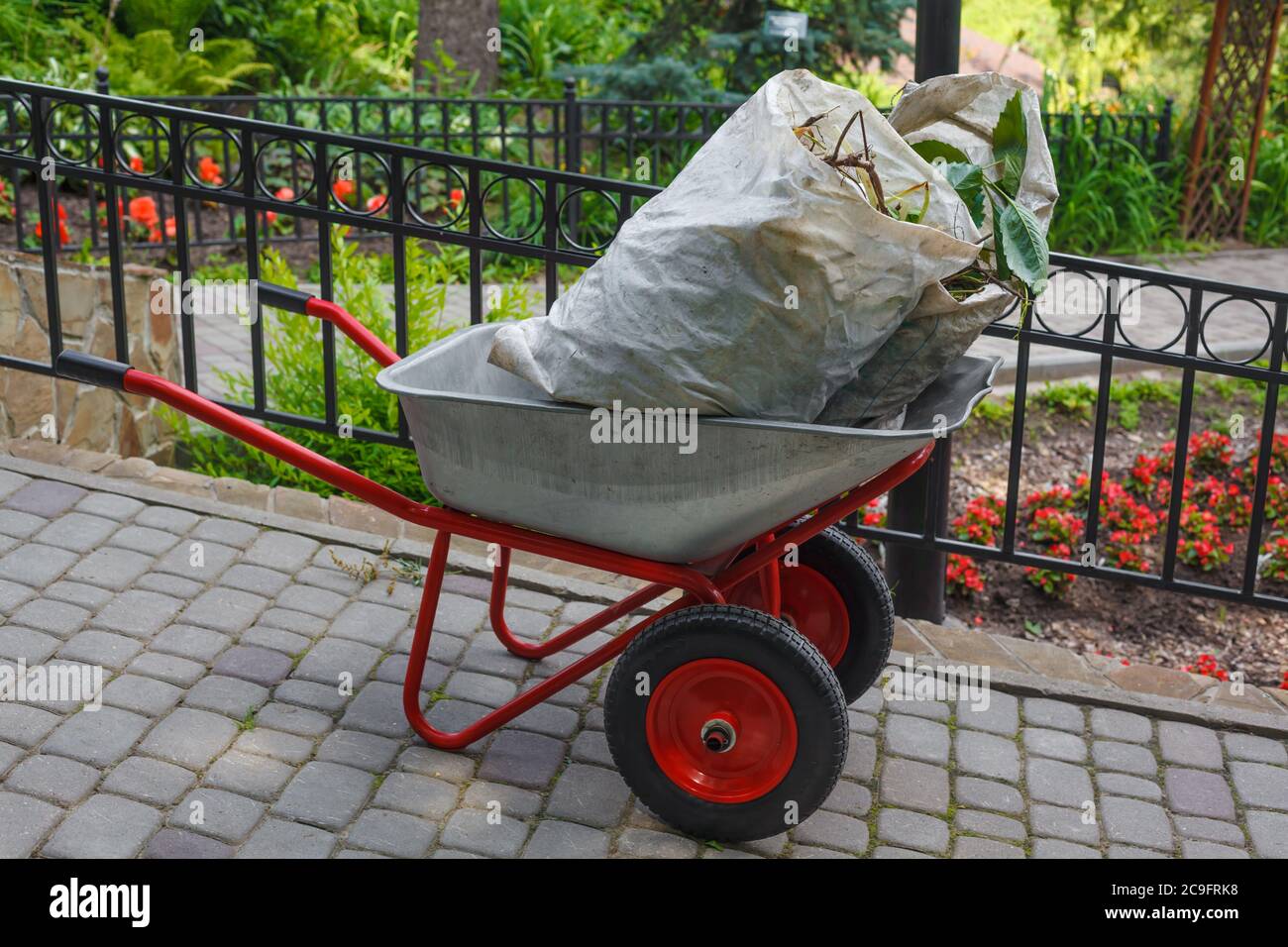 Vista laterale su carriola da giardino con ruote rosse e su grandi borse bianche con fogliame Foto Stock