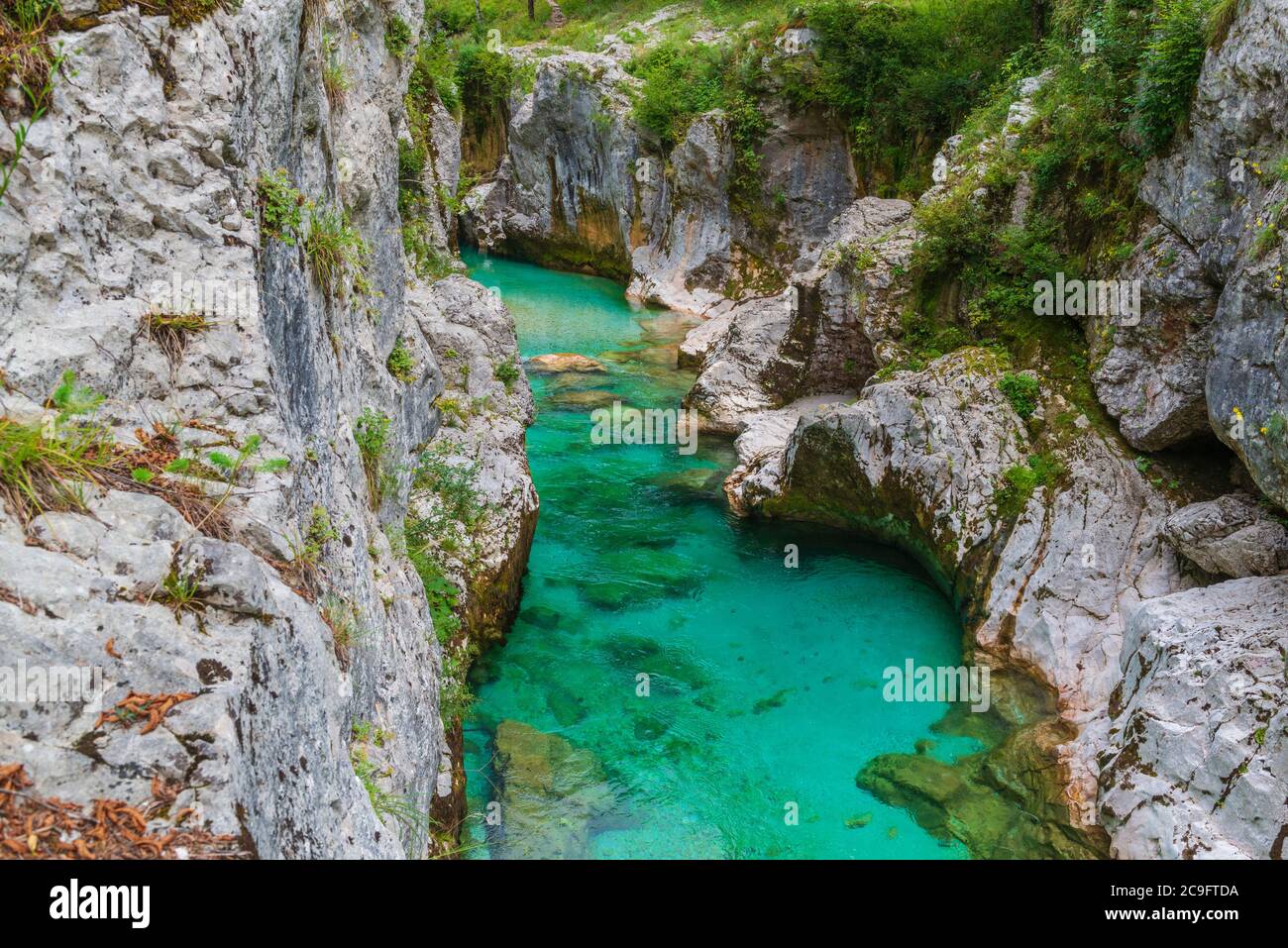 Acque cristalline smeraldo del fiume Soca in Slovenia. Popolare destinazione turistica Foto Stock