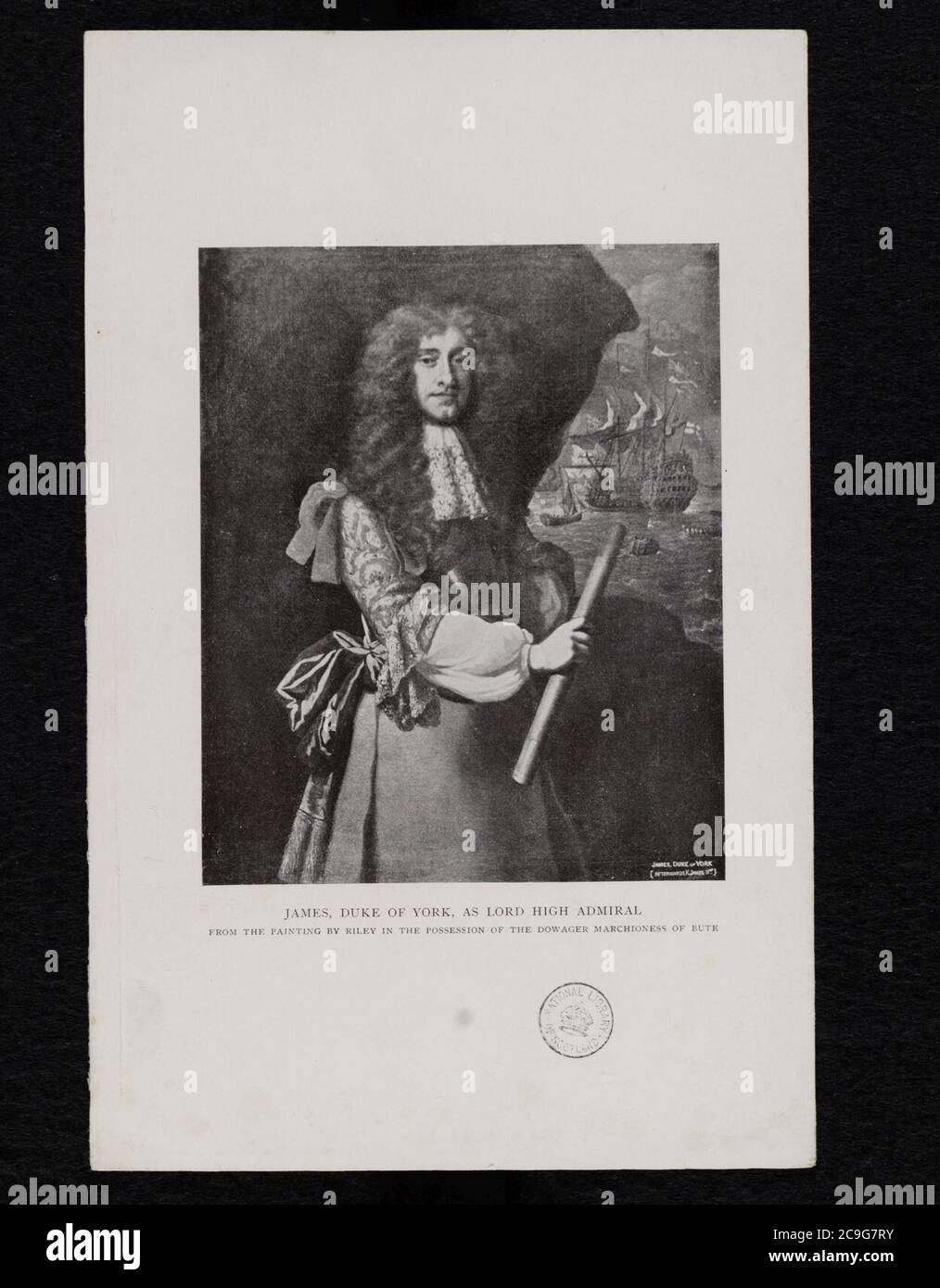 Jacobite Broadside - riproduzione fotografica di Giacomo VII-II come Duca di York dal dipinto di Riley di proprietà della Marchesa di Bute. Foto Stock