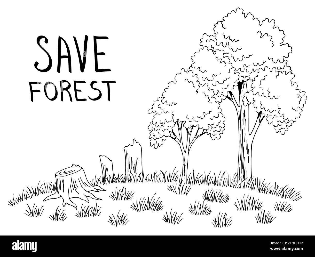 Deforestazione ecologia problema albero foresta sulla collina grafico nero bianco illustrazione schizzo vettore Illustrazione Vettoriale