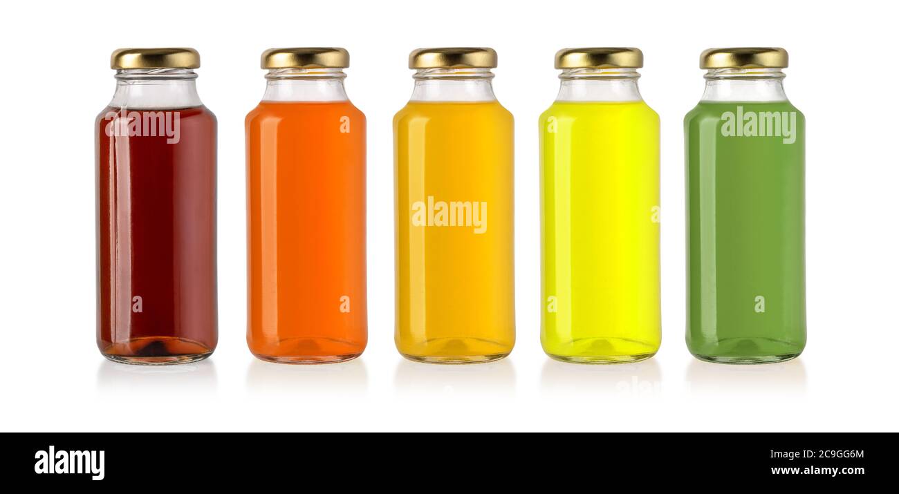 bottiglie di succo isolate su sfondo bianco Foto Stock
