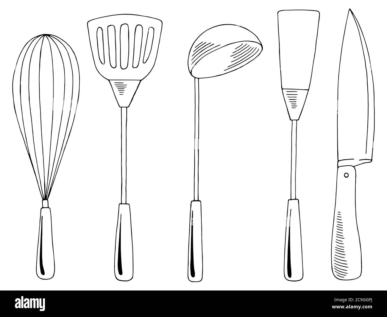Set di forniture per cucina grafica nero bianco isolato disegno vettore Illustrazione Vettoriale