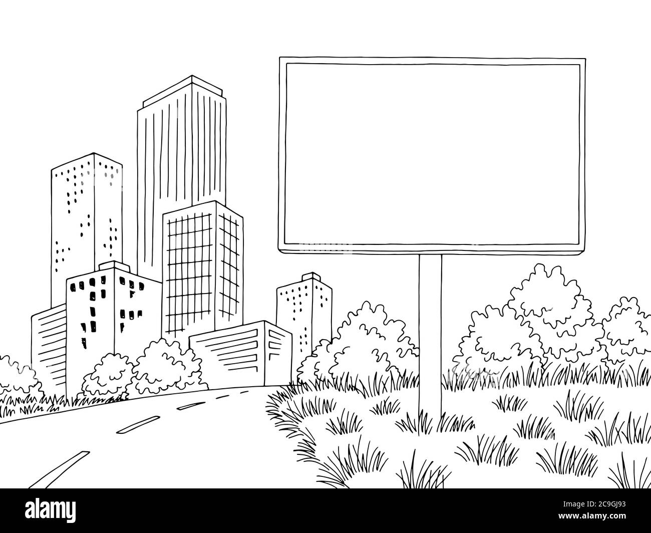 Cartelloni grafici strada bianco nero città strada paesaggio illustrazione dello schizzo vettore Illustrazione Vettoriale