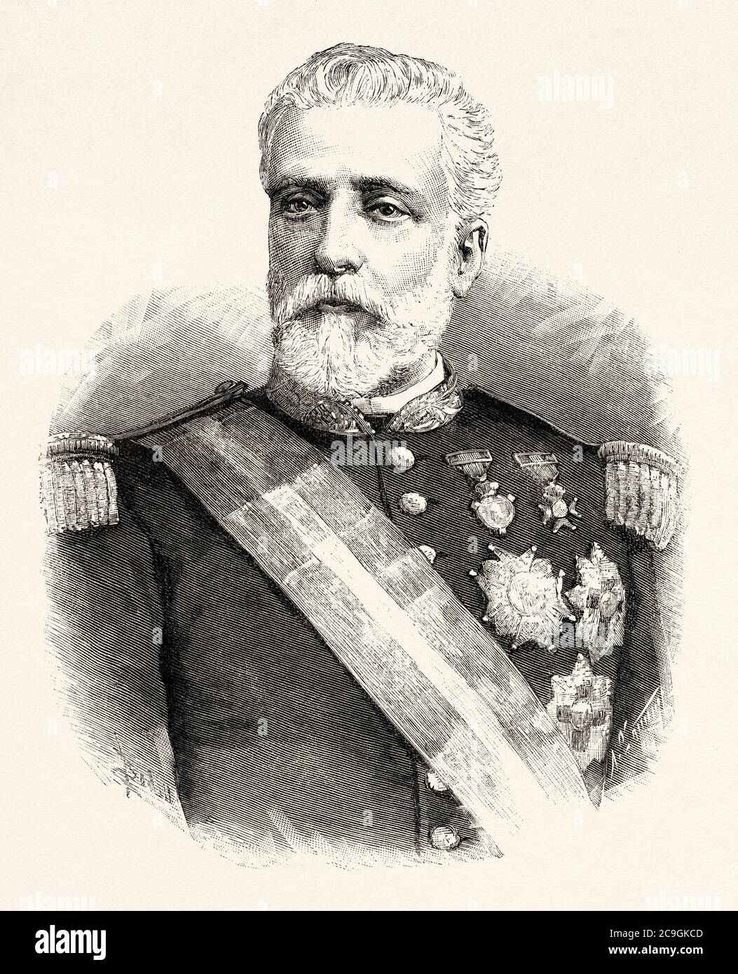 Ritratto di Eduardo Bermudez Reina (Siviglia 1831 – Madrid 1899) militare e politico spagnolo, ministro della guerra in un governo Sagasta, senatore per Logroño e senatore per la vita, Spagna. Antico XIX secolo inciso illustrazione da la Ilustracion Española y americana 1890 Foto Stock