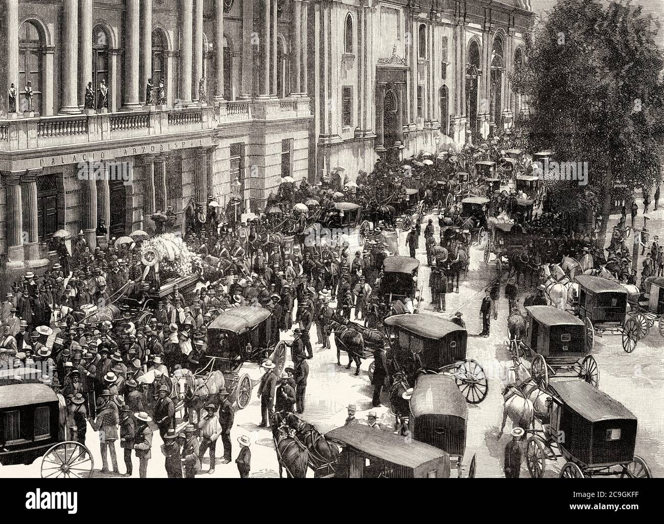 Trasferimento del corpo del ministro plenipotenziario spagnolo Enrique Valles a Valparaiso, Santiago del Cile, Cile. America del Sud. Antico XIX secolo inciso illustrazione da la Ilustracion Española y americana 1890 Foto Stock