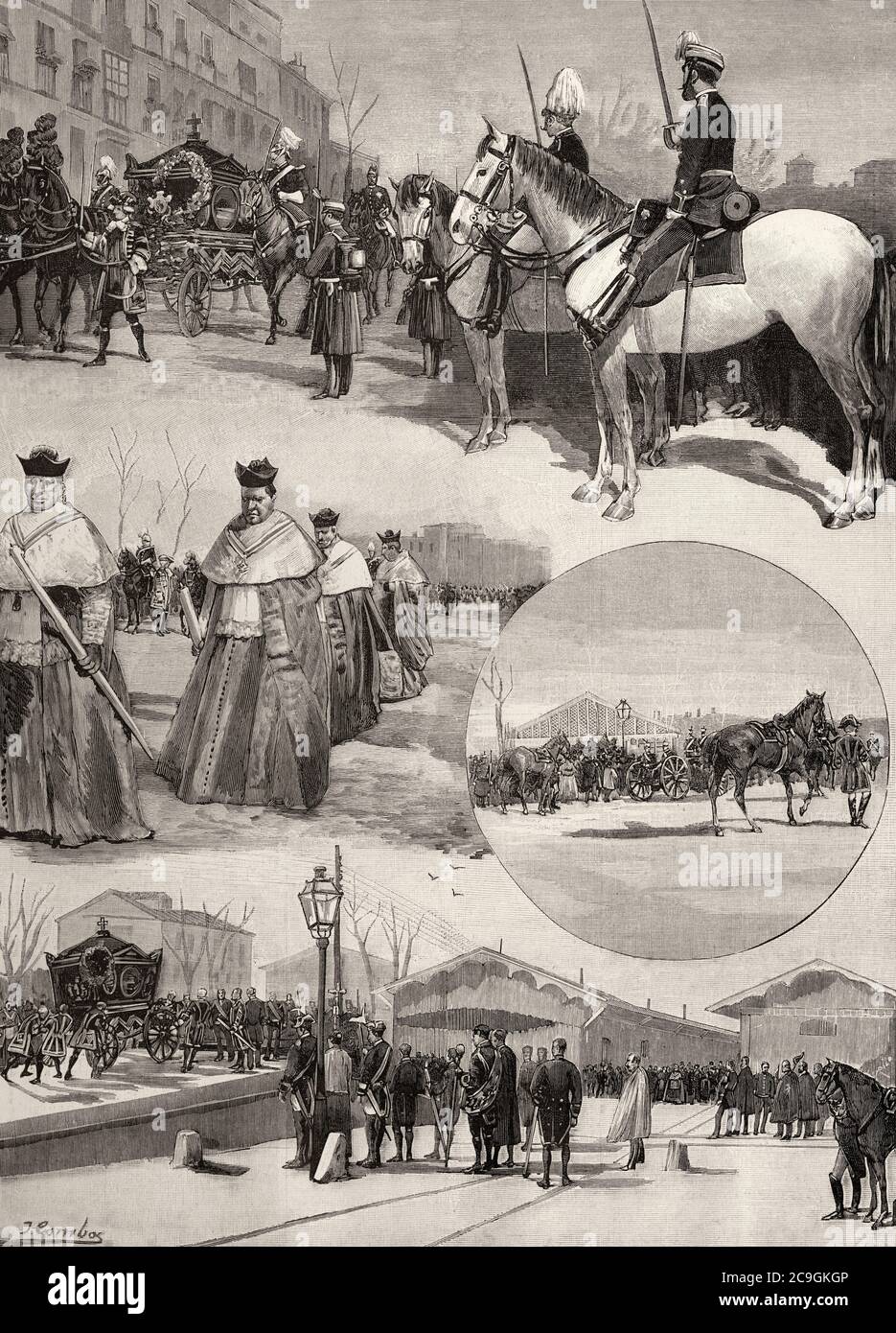 Sepoltura di Antoine Marie Philip Louis d'Orleans (Neuilly 1824 - Sanlúcar de Barrameda 1890) Duca di Montpensier, principe membro della famiglia reale francese, considerato il principale istigatore dell'assassinio del generale Prim, Spagna. Antico XIX secolo inciso illustrazione da la Ilustracion Española y americana 1890 Foto Stock