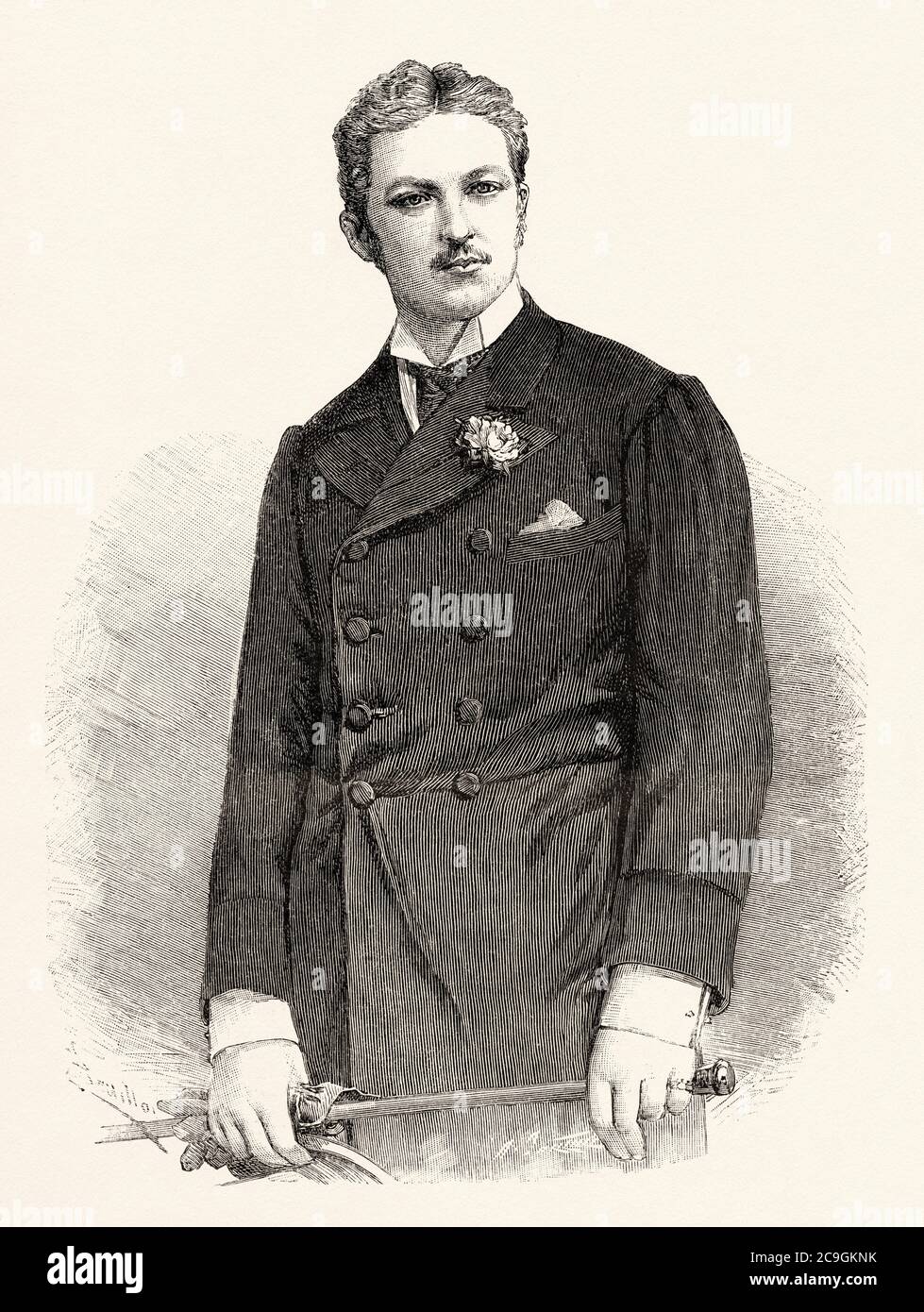 Ritratto di Luigi Filippo Robert di Orleans (Twickenham 1869 - Palermo 1926) conosciuto ai suoi sostenitori come Luigi Filippo III o Filippo VIII Antico XIX secolo inciso illustrazione da la Ilustracion Española y americana 1890 Foto Stock