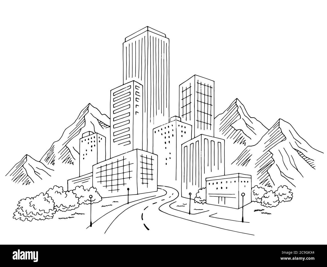 Città montagne grafica bianco nero skyline skyline illustrazione vettore Illustrazione Vettoriale