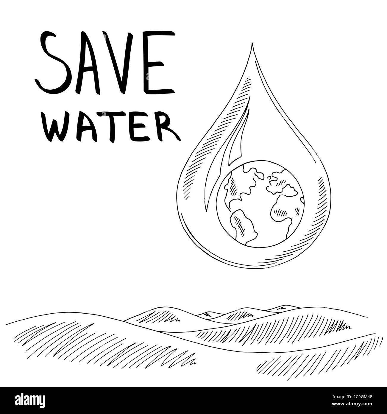 Goccia acqua terra onda mare problema ecologia grafica nero bianco disegno disegno grafico vettore Illustrazione Vettoriale