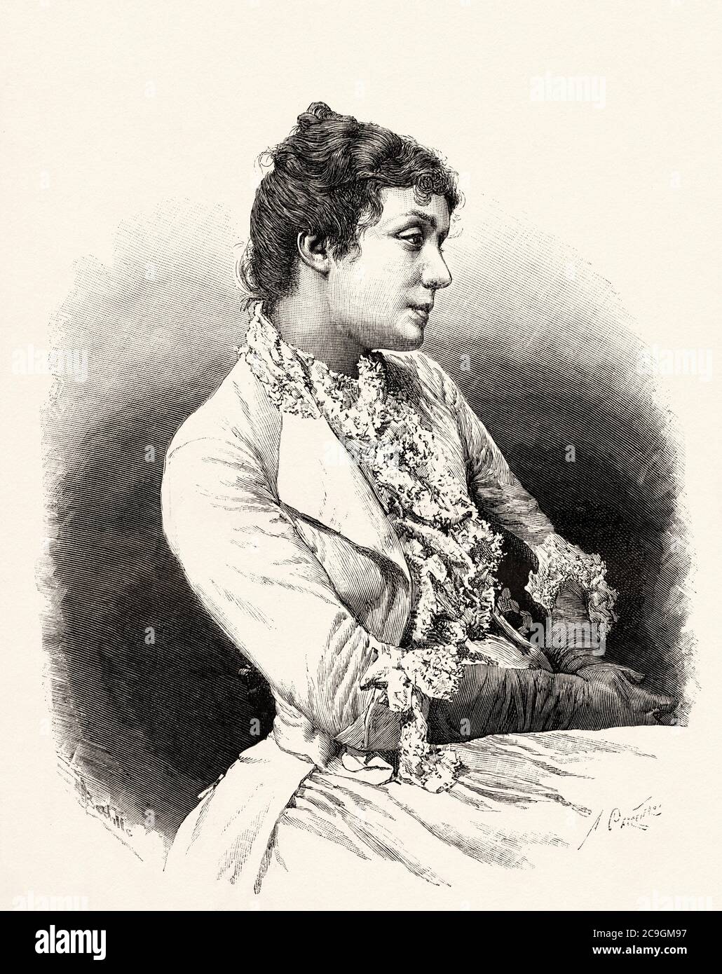 Ritratto di Eleonora Duse. Eleonora Julia Amalia Duse (Vigevano 1858 - Pittsburgh 1924) attrice teatrale italiana della fine del XIX e dei primi del XX secolo, Italia. Antico XIX secolo inciso illustrazione da la Ilustracion Española y americana 1890 Foto Stock