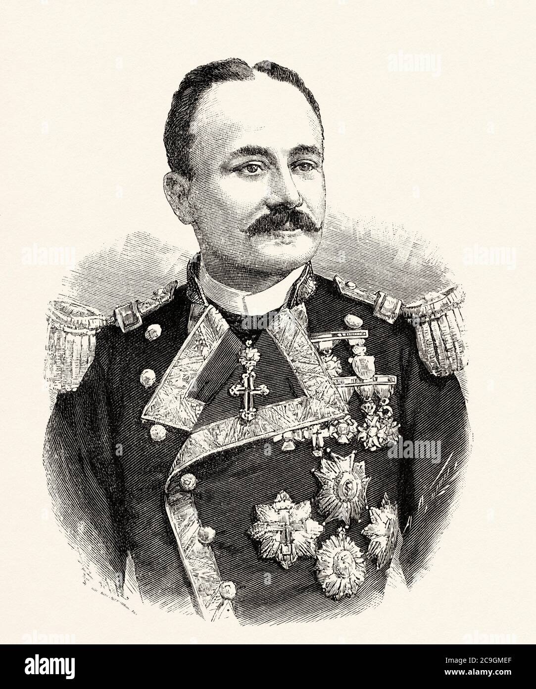 Ritratto di Ramón Auñón y Villalón (Morón 1844 - Madrid 1925) militare e politico spagnolo, ministro della Marina durante la guerra spagnolo-americana a Cuba e governatore civile di Barcellona. Vice durante la reggenza di María Cristina de Asburgo e il regno di Alfonso XIII, Spagna. Antico XIX secolo inciso illustrazione da la Ilustracion Española y americana 1890 Foto Stock