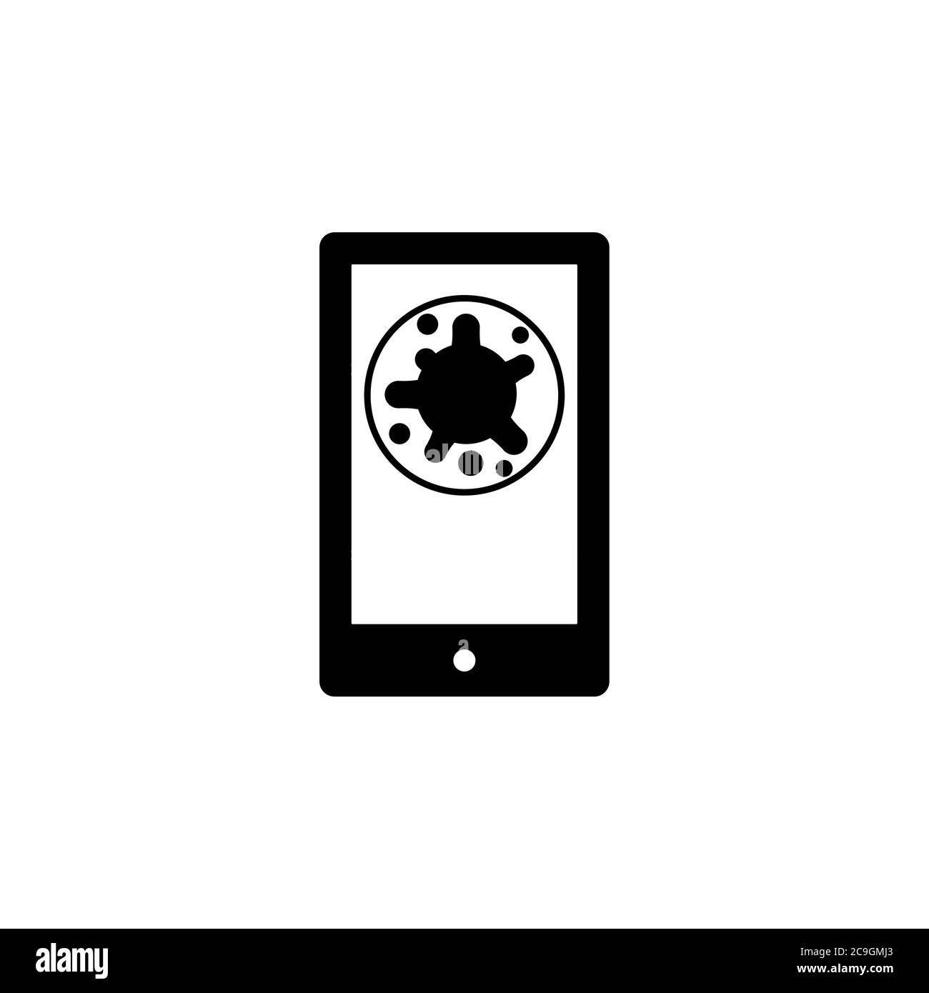 Virus, batteri nell'icona dello smartphone, simbolo, segno. Coronavirus, icona COVID-19, logo nero su sfondo bianco. 2019-ncov semplice Illustrazione Vettoriale