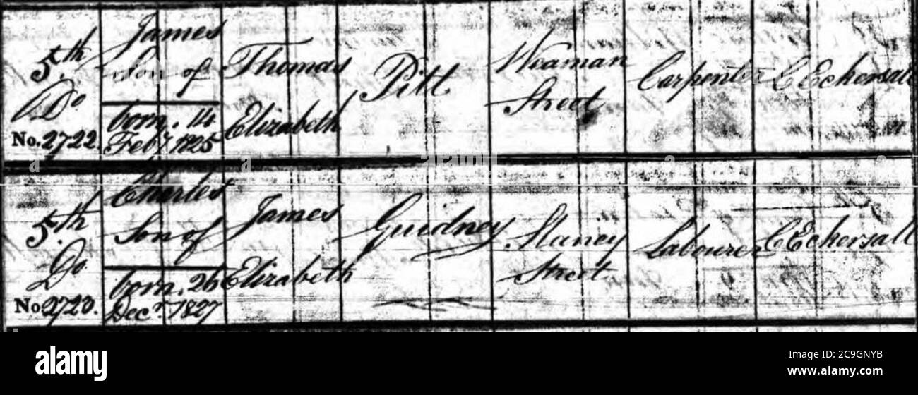 James Guidney Sons - voci del registro battesimale. Foto Stock