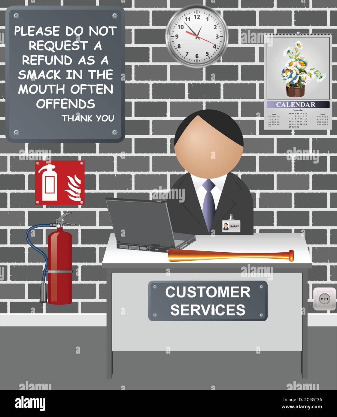 Banco di servizio clienti comico con cartello che consiglia alle persone di non richiedere un rimborso Illustrazione Vettoriale