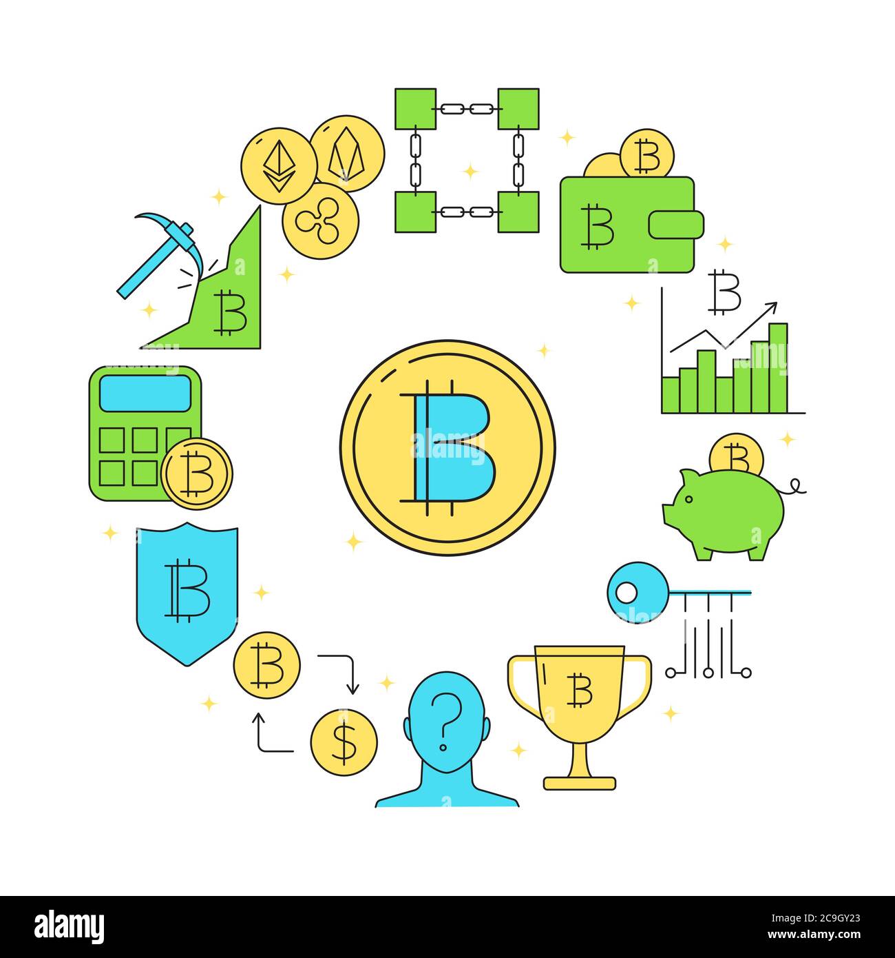 Banner di concetto rotondo Bitcoin con linea colorata. Poster digitale con simboli delle monete in criptovaluta. Illustrazione vettoriale. Illustrazione Vettoriale