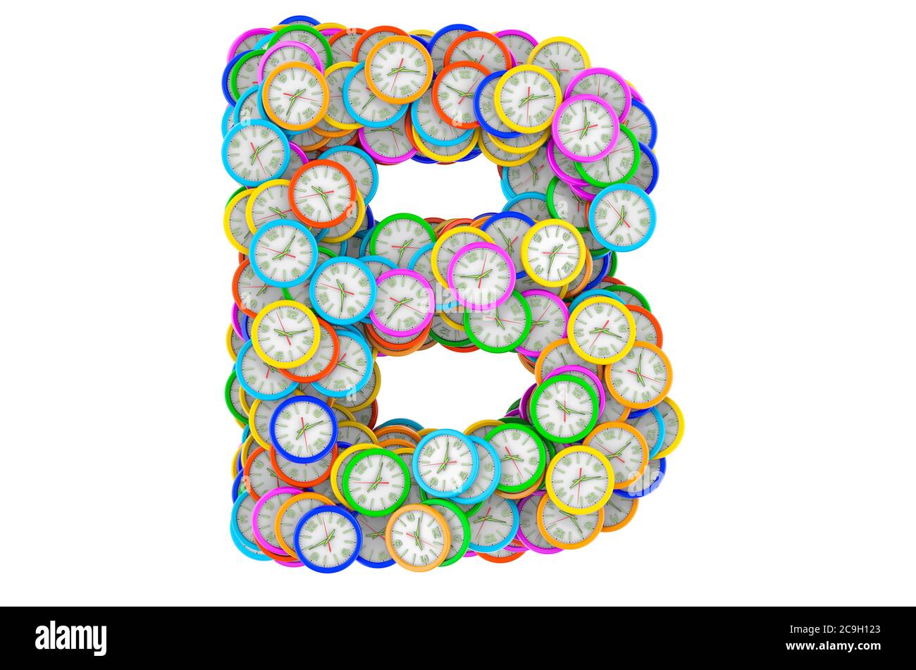 Lettera B da orologi da parete colorati, rendering 3D isolato su sfondo bianco Foto Stock