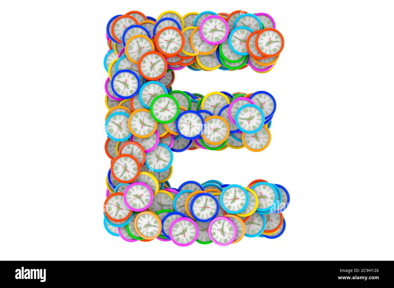 Lettera e da orologi da parete colorati, rendering 3D isolato su sfondo bianco Foto Stock