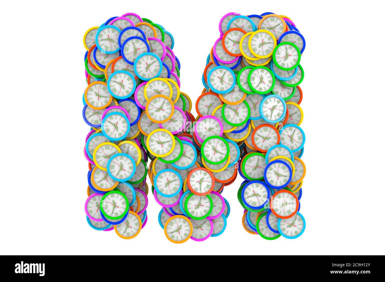Lettera M da orologi da parete colorati, rendering 3D isolato su sfondo bianco Foto Stock