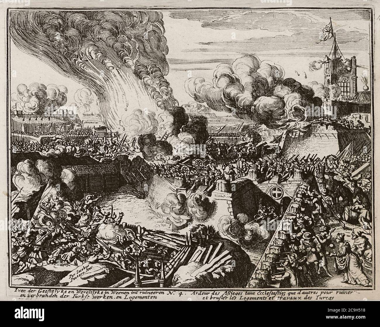 Iver der Geestelyke en Wereltlyke in Weenen int ruineeren en verbranden der Turkse werken en Logementen - Peeters Jacob - 1686. Foto Stock