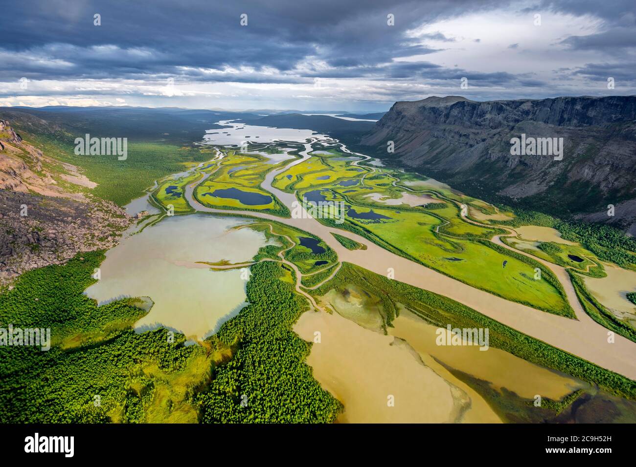 Il delta del fiume Rapadalen, la valle di Rapa, il fiume Rapaaelv, il parco nazionale di Sarek, Laponia, patrimonio mondiale dell'UNESCO, Lapponia, Jokkmokk, Norrbottens laen, Svezia Foto Stock