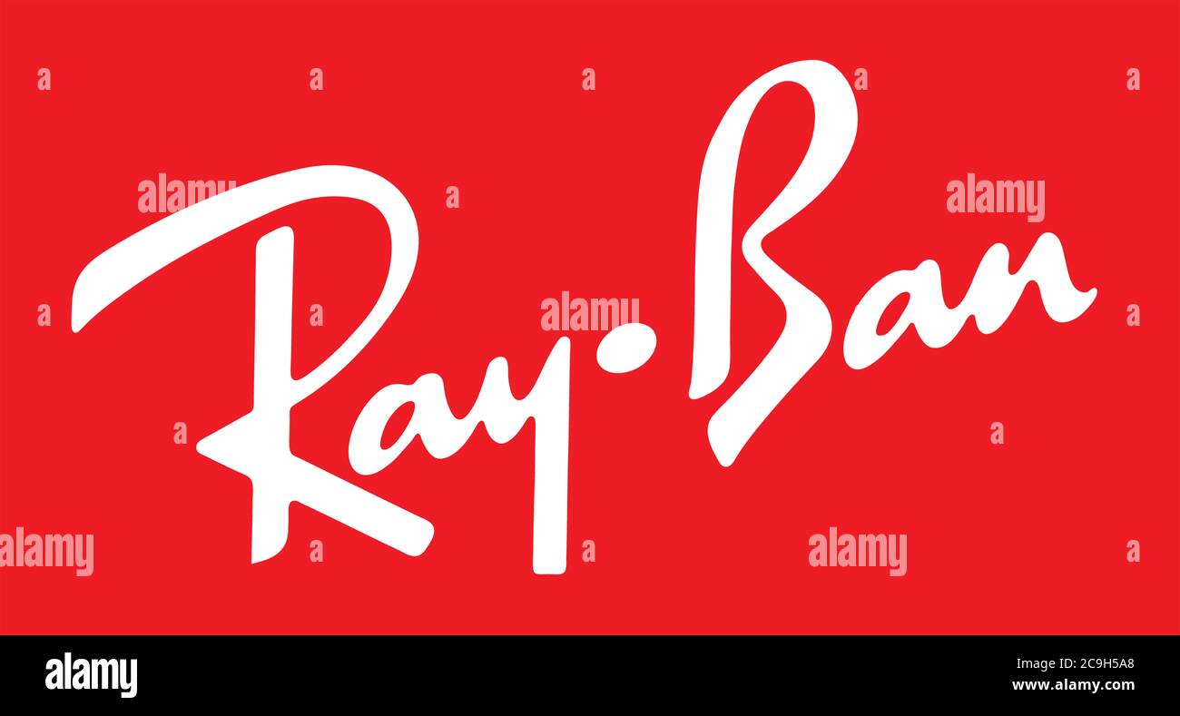 Logo ray Ban, marchio di occhiali, sfondo rosso Foto Stock