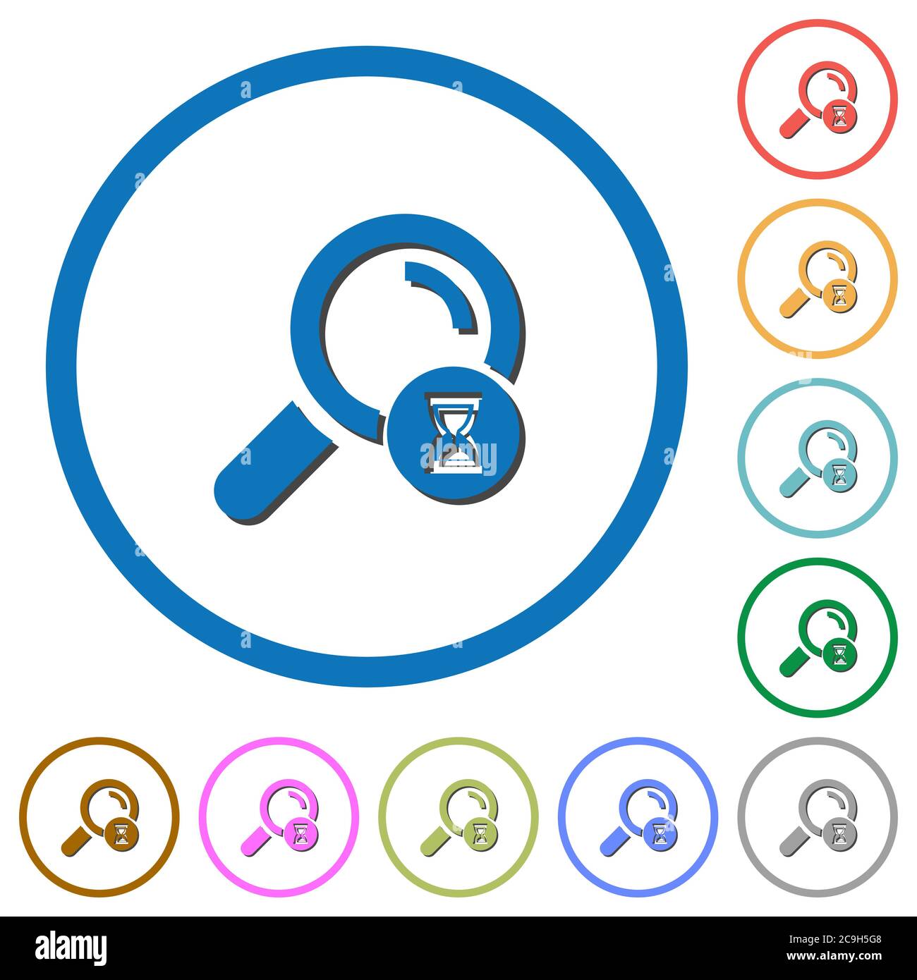 Ricerca in corso icone vettoriali a colori piatti con ombre in contorni rotondi su sfondo bianco Illustrazione Vettoriale