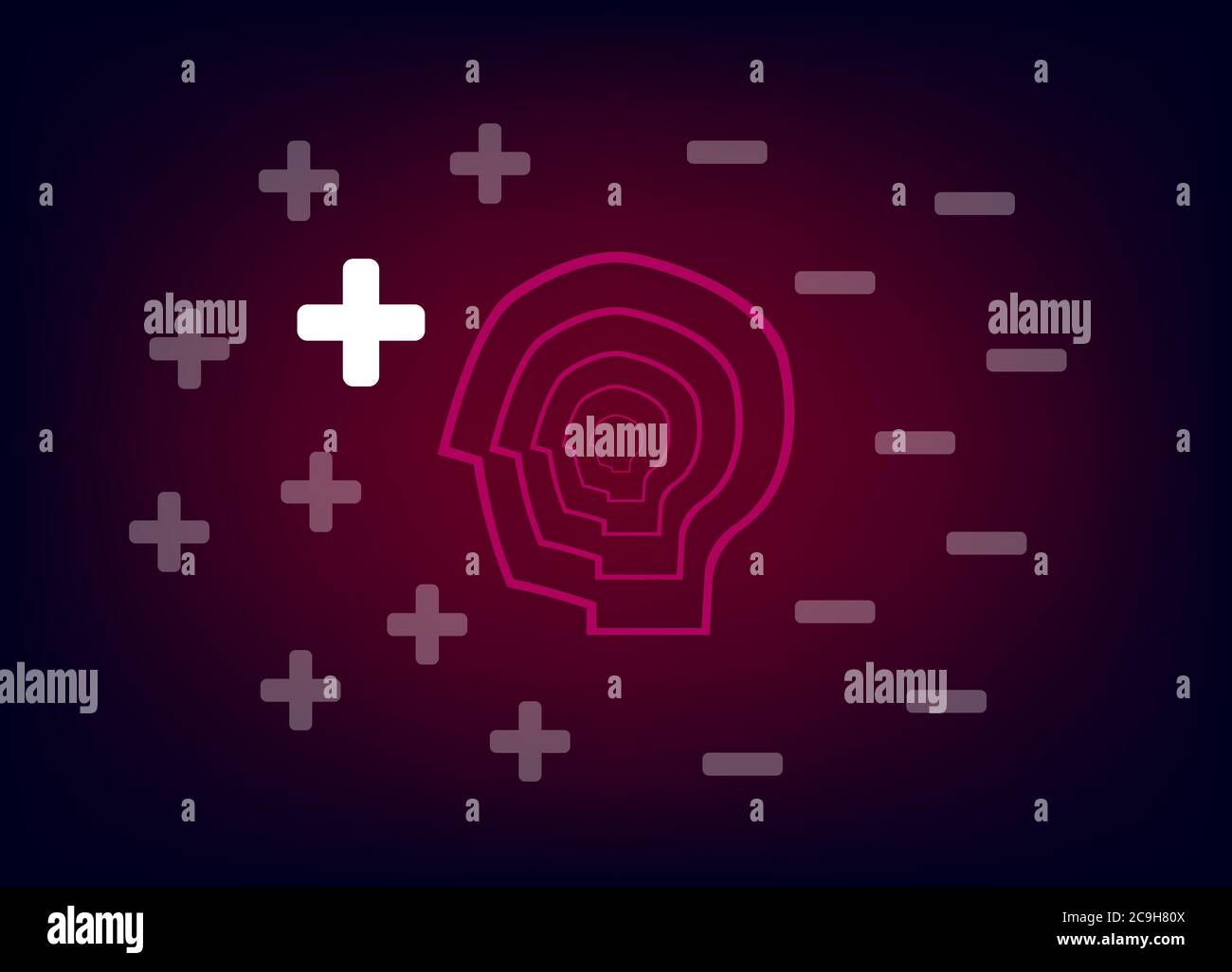 Testa con il simbolo più e il simbolo meno sullo sfondo dei gradienti. Illustrazione Vettoriale