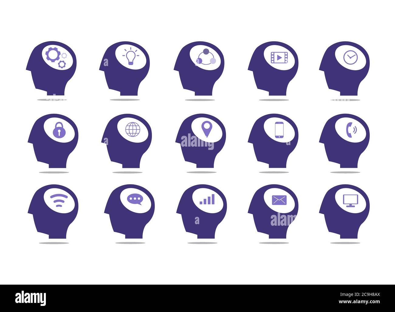 Testa con icona di comunicazione isolata su sfondo bianco. Set di testa con icona. Illustrazione Vettoriale